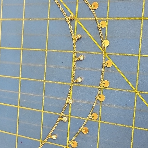 Charisma Red Suede 13" + 3" ext Choker 2 layer Gold Chain Rhinestone & Circle - Picture 3 of 6